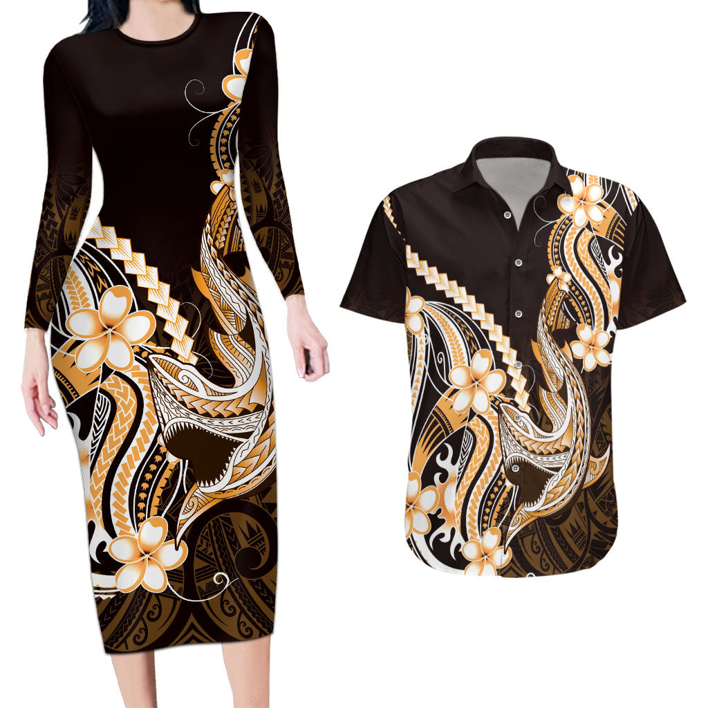 Orange Black Aloha Hawaii Couples Matching Long Sleeve Bodycon Dress and Hawaiian Shirt Polynesian Shark Tattoo Plumeria