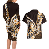 Orange Black Aloha Hawaii Couples Matching Long Sleeve Bodycon Dress and Hawaiian Shirt Polynesian Shark Tattoo Plumeria