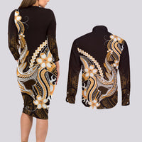 Orange Black Aloha Hawaii Couples Matching Long Sleeve Bodycon Dress and Long Sleeve Button Shirt Polynesian Shark Tattoo Plumeria