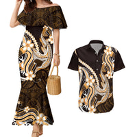 Orange Black Aloha Hawaii Couples Matching Mermaid Dress and Hawaiian Shirt Polynesian Shark Tattoo Plumeria