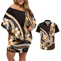 Orange Black Aloha Hawaii Couples Matching Off Shoulder Short Dress and Hawaiian Shirt Polynesian Shark Tattoo Plumeria