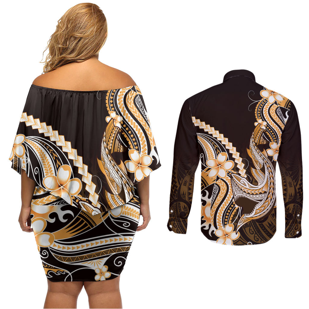 Orange Black Aloha Hawaii Couples Matching Off Shoulder Short Dress and Long Sleeve Button Shirt Polynesian Shark Tattoo Plumeria