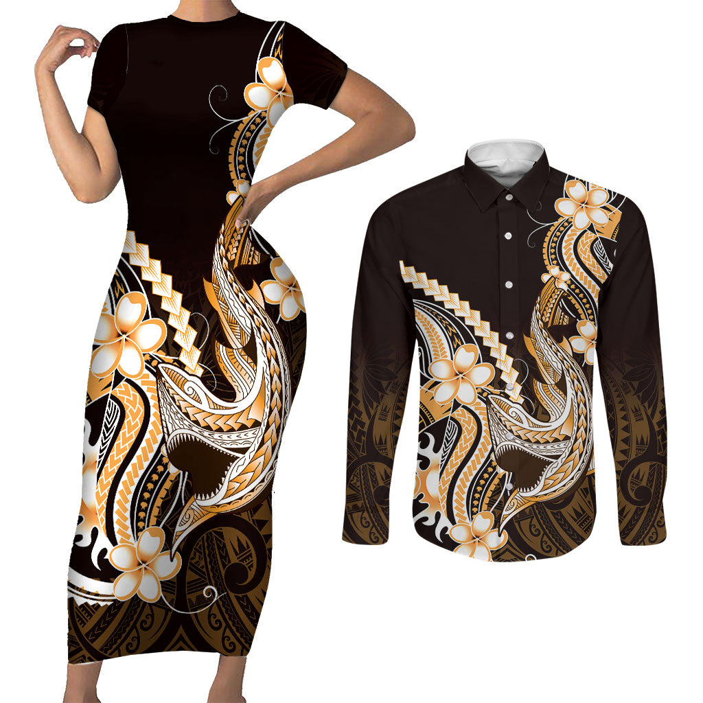 Orange Black Aloha Hawaii Couples Matching Short Sleeve Bodycon Dress and Long Sleeve Button Shirt Polynesian Shark Tattoo Plumeria