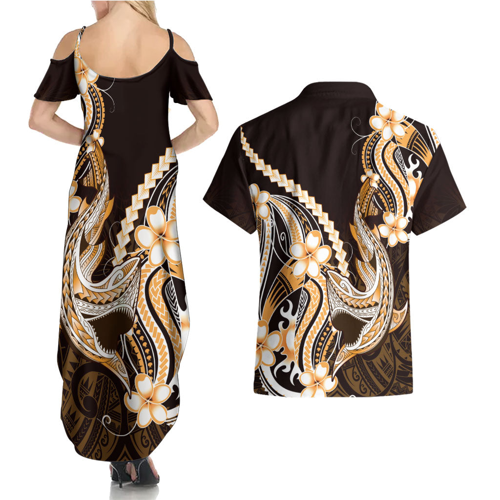 Orange Black Aloha Hawaii Couples Matching Summer Maxi Dress and Hawaiian Shirt Polynesian Shark Tattoo Plumeria