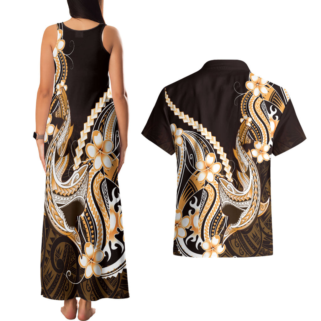 Orange Black Aloha Hawaii Couples Matching Tank Maxi Dress and Hawaiian Shirt Polynesian Shark Tattoo Plumeria