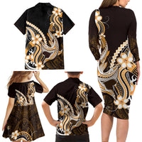Orange Black Aloha Hawaii Family Matching Long Sleeve Bodycon Dress and Hawaiian Shirt Polynesian Shark Tattoo Plumeria