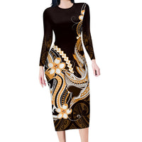 Orange Black Aloha Hawaii Family Matching Long Sleeve Bodycon Dress and Hawaiian Shirt Polynesian Shark Tattoo Plumeria