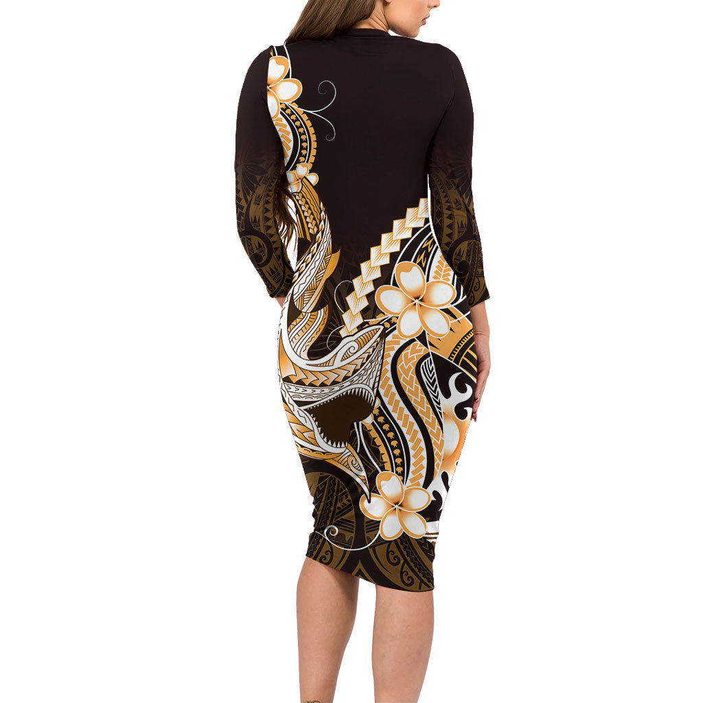 Orange Black Aloha Hawaii Family Matching Long Sleeve Bodycon Dress and Hawaiian Shirt Polynesian Shark Tattoo Plumeria