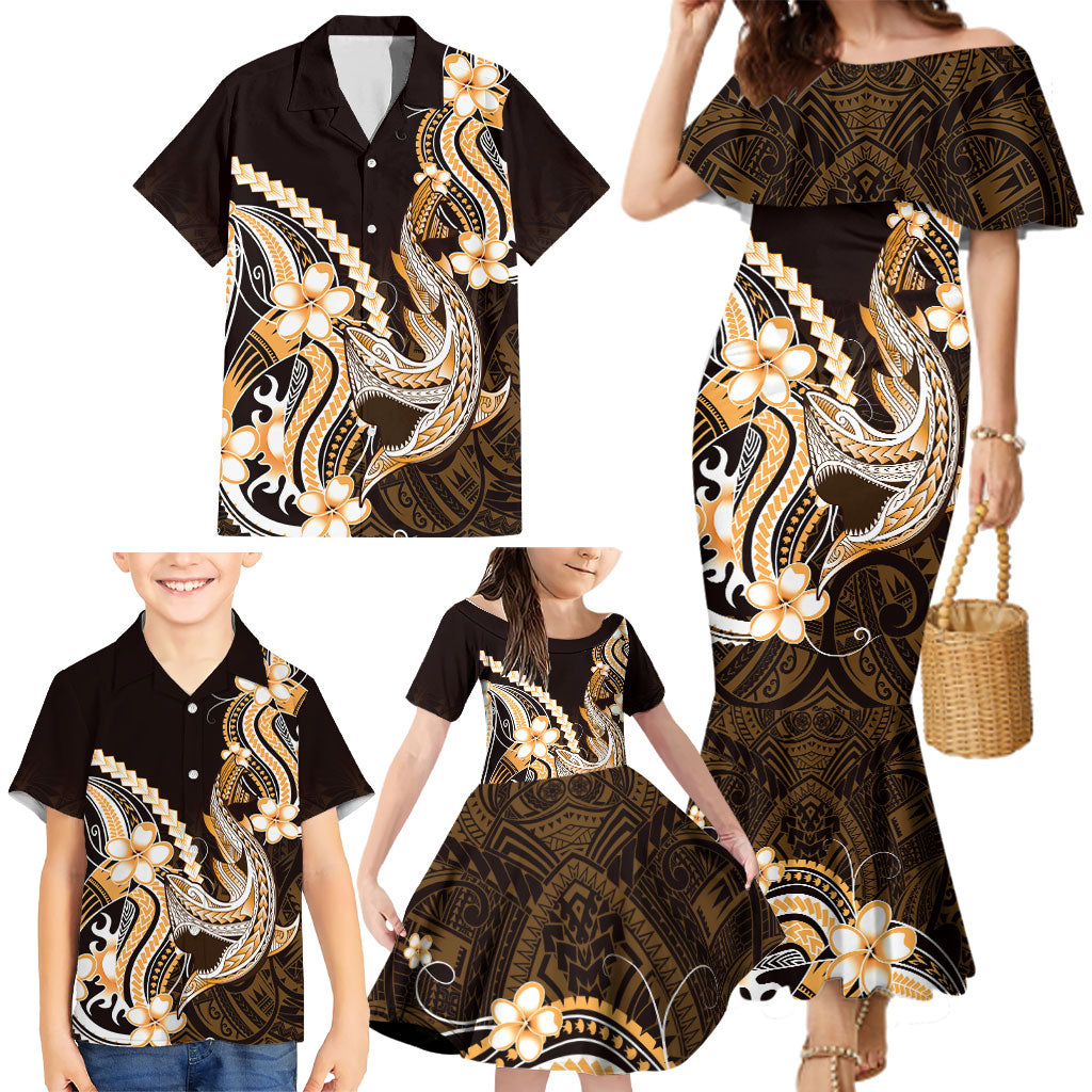 Orange Black Aloha Hawaii Family Matching Mermaid Dress and Hawaiian Shirt Polynesian Shark Tattoo Plumeria