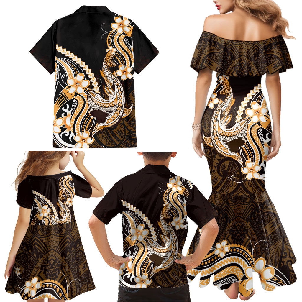 Orange Black Aloha Hawaii Family Matching Mermaid Dress and Hawaiian Shirt Polynesian Shark Tattoo Plumeria