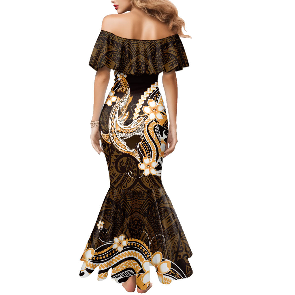 Orange Black Aloha Hawaii Family Matching Mermaid Dress and Hawaiian Shirt Polynesian Shark Tattoo Plumeria