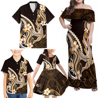 Orange Black Aloha Hawaii Family Matching Off Shoulder Maxi Dress and Hawaiian Shirt Polynesian Shark Tattoo Plumeria