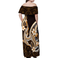 Orange Black Aloha Hawaii Family Matching Off Shoulder Maxi Dress and Hawaiian Shirt Polynesian Shark Tattoo Plumeria