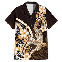 Orange Black Aloha Hawaii Family Matching Off Shoulder Short Dress and Hawaiian Shirt Polynesian Shark Tattoo Plumeria