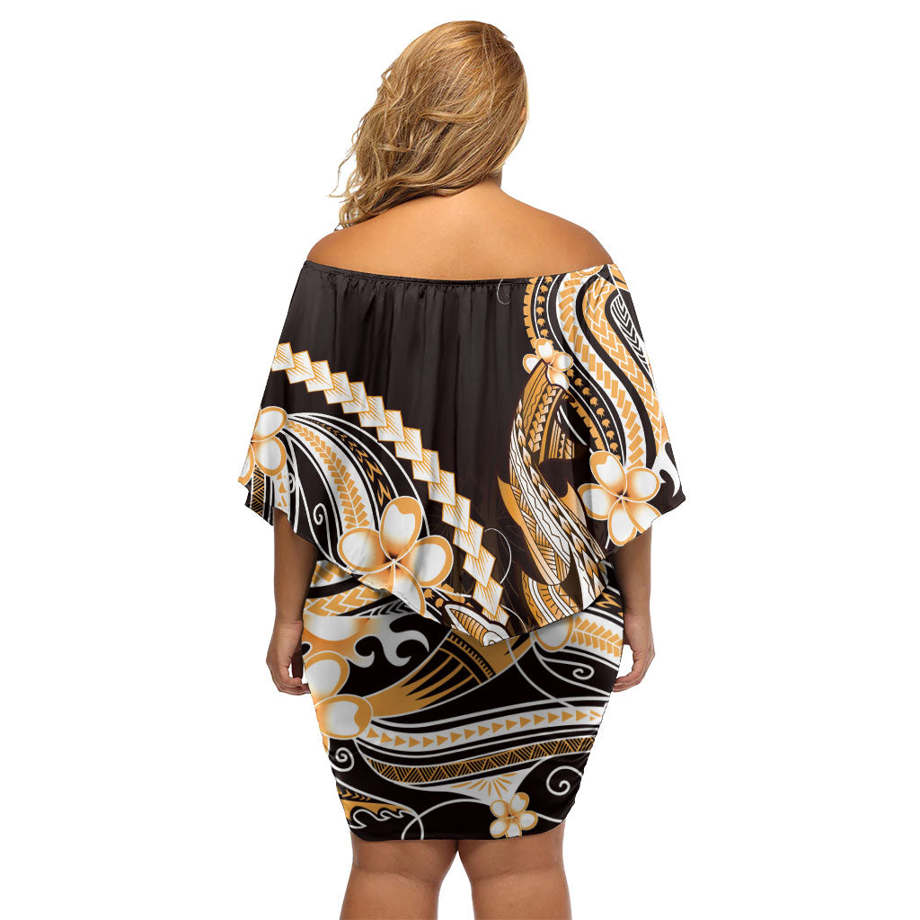 Orange Black Aloha Hawaii Family Matching Off Shoulder Short Dress and Hawaiian Shirt Polynesian Shark Tattoo Plumeria