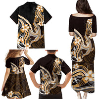 Orange Black Aloha Hawaii Family Matching Puletasi and Hawaiian Shirt Polynesian Shark Tattoo Plumeria