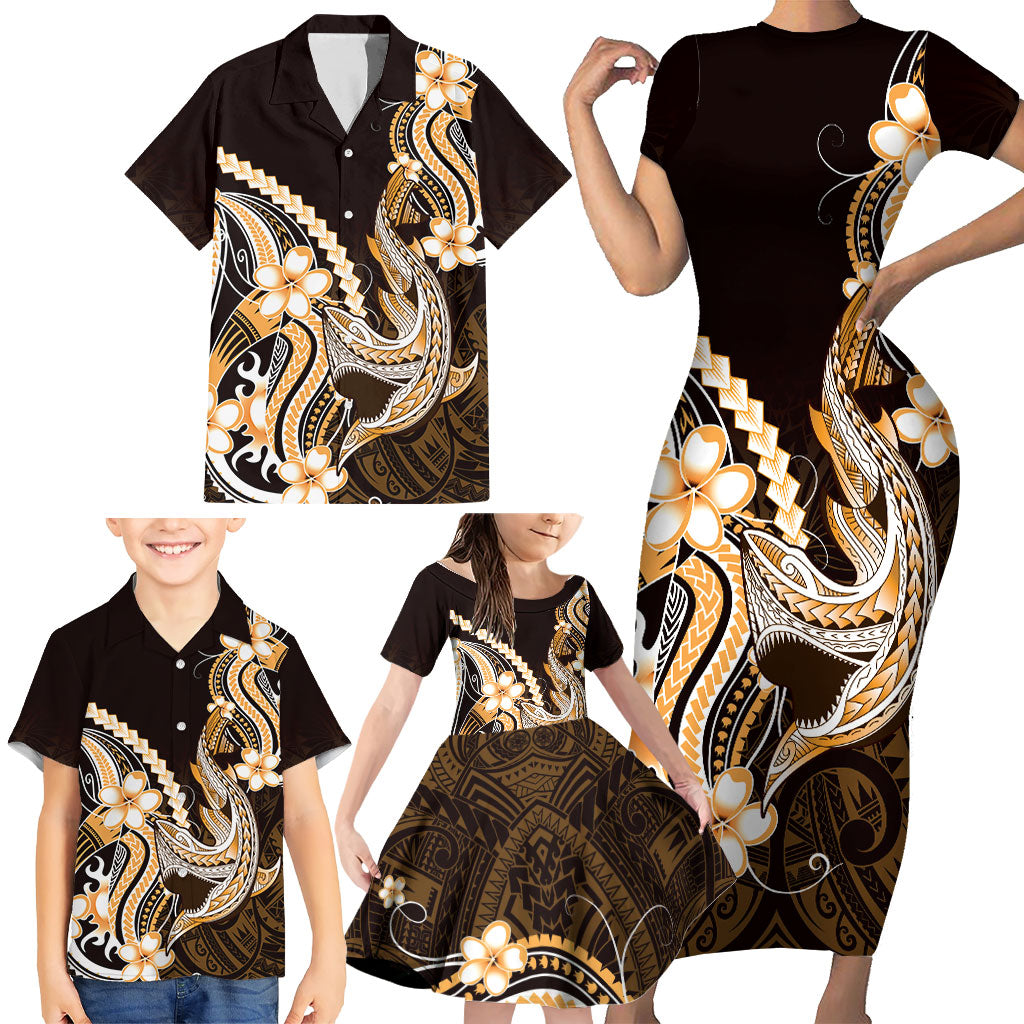 Orange Black Aloha Hawaii Family Matching Short Sleeve Bodycon Dress and Hawaiian Shirt Polynesian Shark Tattoo Plumeria