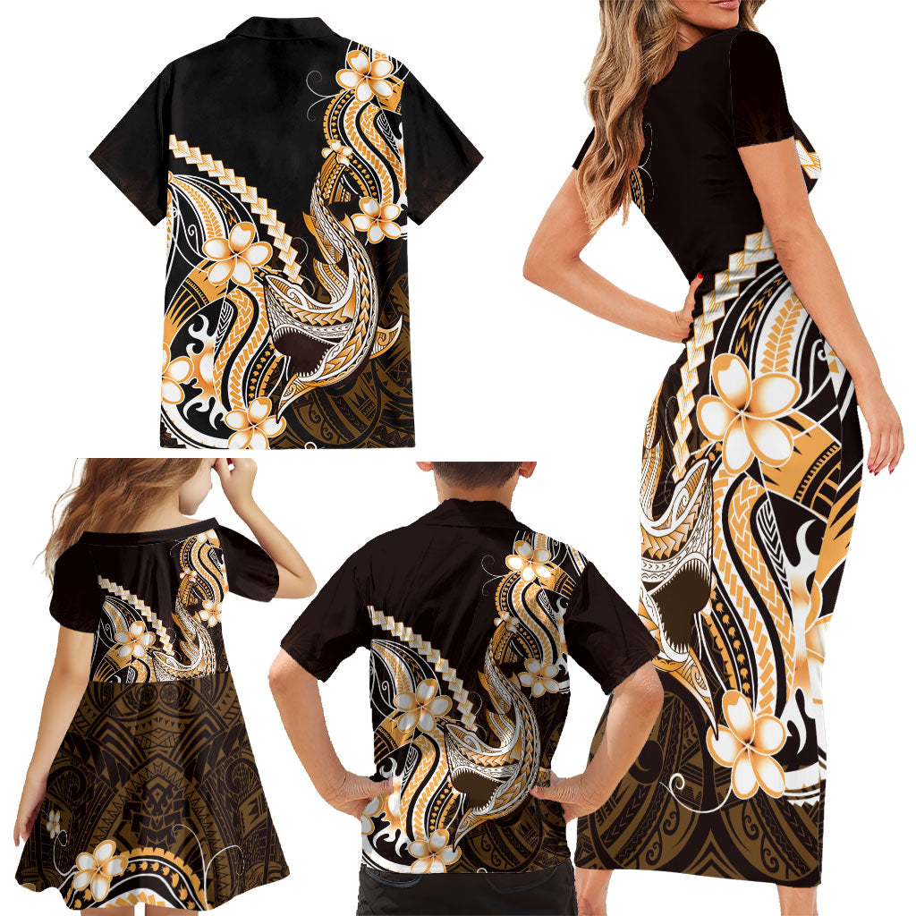 Orange Black Aloha Hawaii Family Matching Short Sleeve Bodycon Dress and Hawaiian Shirt Polynesian Shark Tattoo Plumeria