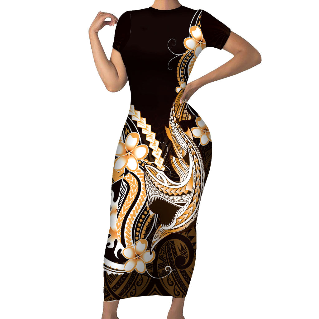Orange Black Aloha Hawaii Family Matching Short Sleeve Bodycon Dress and Hawaiian Shirt Polynesian Shark Tattoo Plumeria