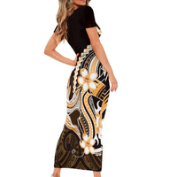 Orange Black Aloha Hawaii Family Matching Short Sleeve Bodycon Dress and Hawaiian Shirt Polynesian Shark Tattoo Plumeria