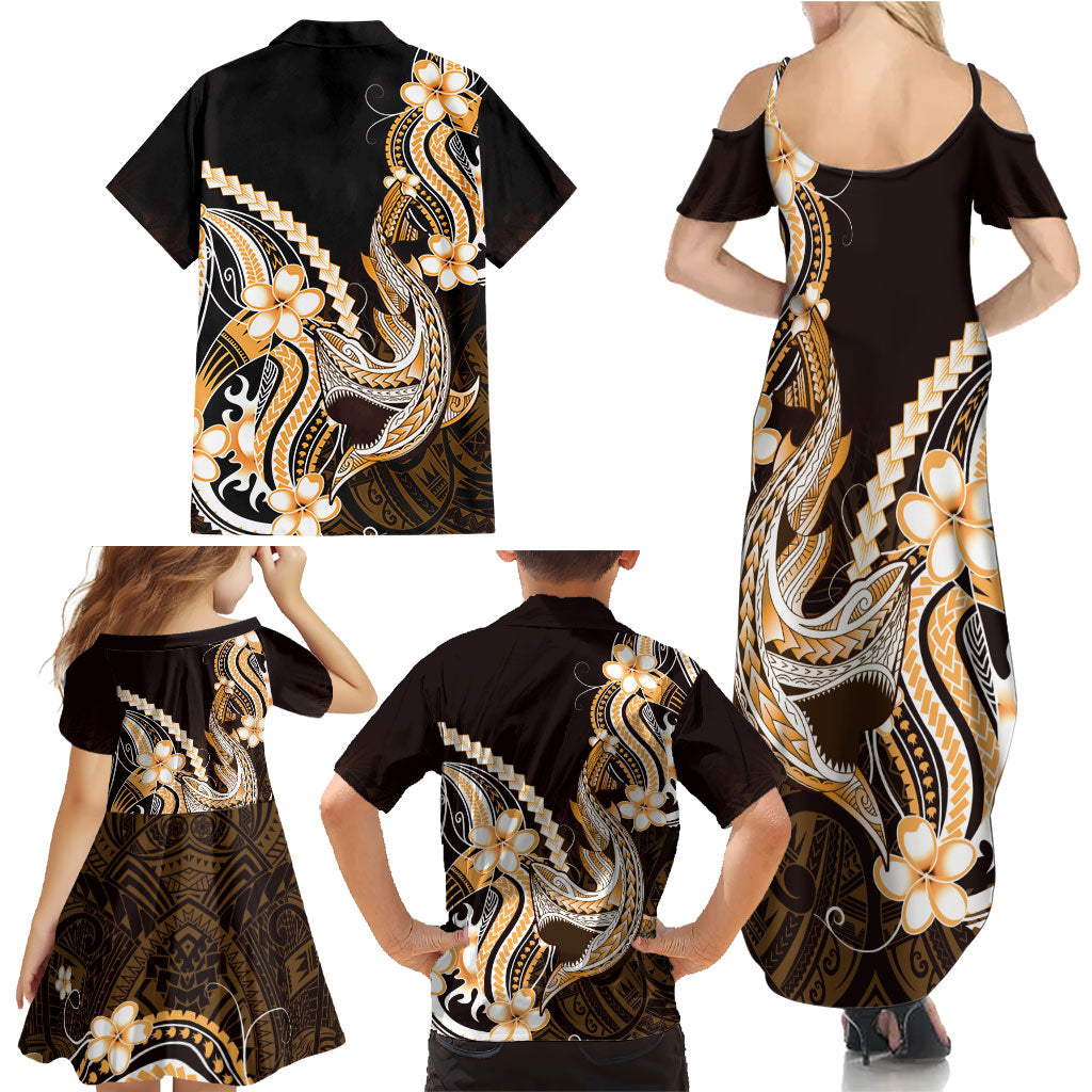 Orange Black Aloha Hawaii Family Matching Summer Maxi Dress and Hawaiian Shirt Polynesian Shark Tattoo Plumeria