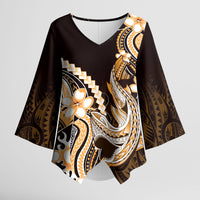 Orange Black Aloha Hawaii Kimono Sleeve Blouse Polynesian Shark Tattoo Plumeria