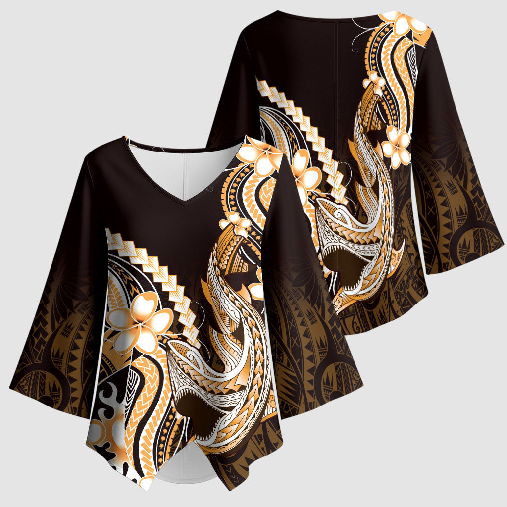 Orange Black Aloha Hawaii Kimono Sleeve Blouse Polynesian Shark Tattoo Plumeria