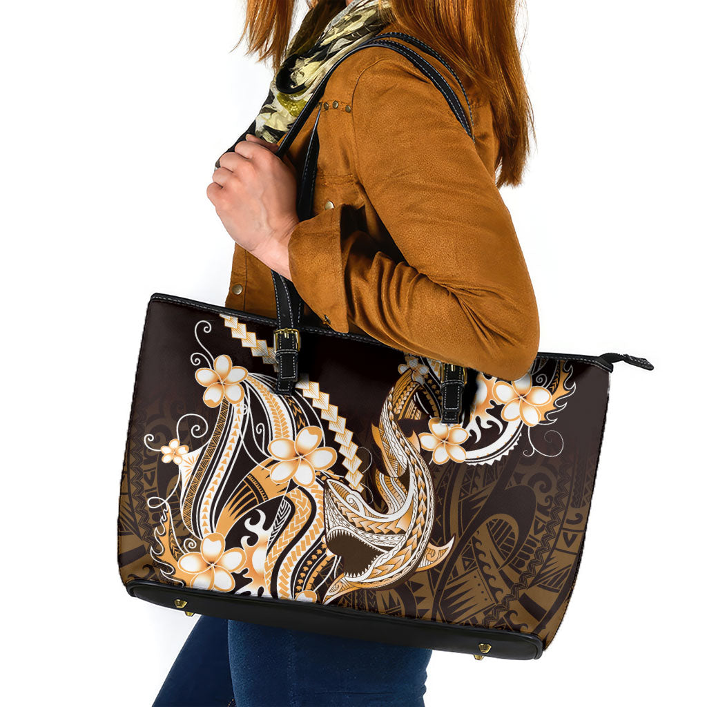 Orange Black Aloha Hawaii Leather Tote Bag Polynesian Shark Tattoo Plumeria