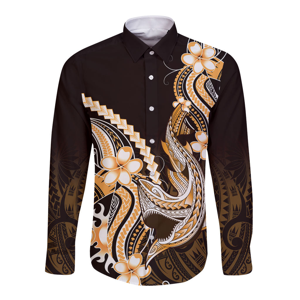 Orange Black Aloha Hawaii Long Sleeve Button Shirt Polynesian Shark Tattoo Plumeria LT14 Unisex Orange - Polynesian Pride