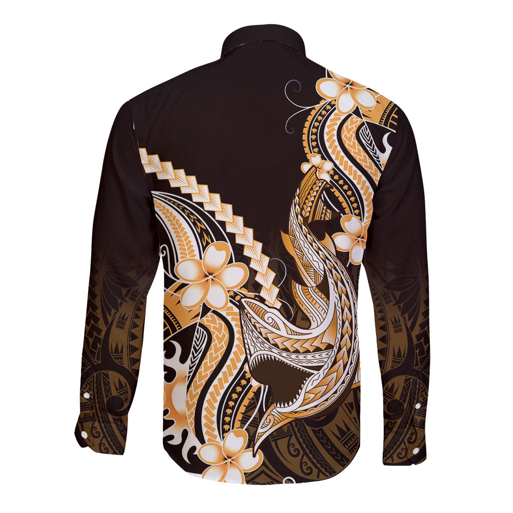 Orange Black Aloha Hawaii Long Sleeve Button Shirt Polynesian Shark Tattoo Plumeria