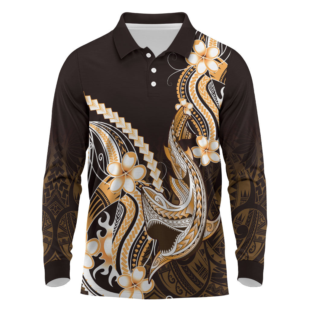 Orange Black Aloha Hawaii Long Sleeve Polo Shirt Polynesian Shark Tattoo Plumeria