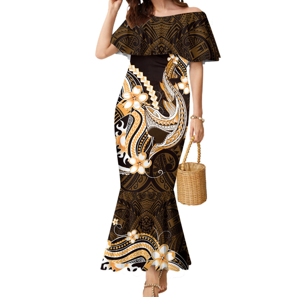 Orange Black Aloha Hawaii Mermaid Dress Polynesian Shark Tattoo Plumeria
