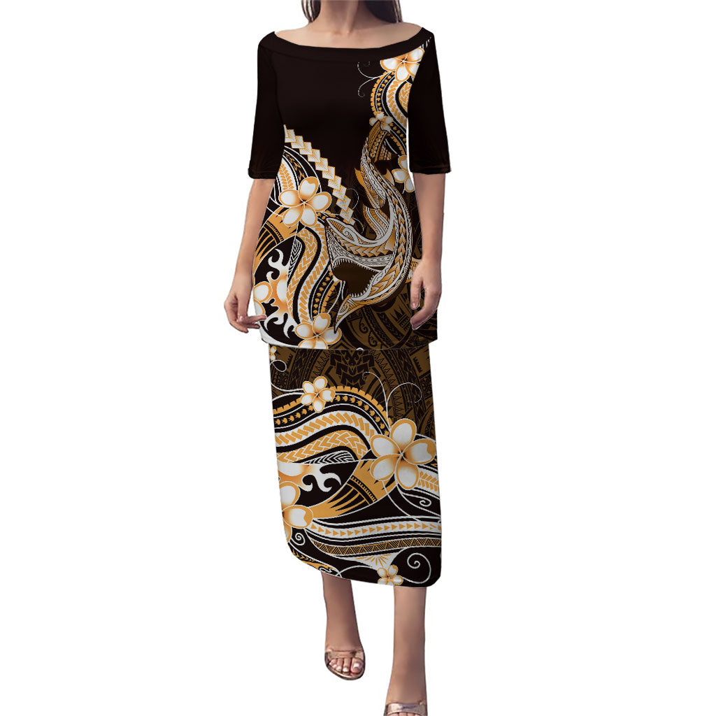 Orange Black Aloha Hawaii Puletasi Polynesian Shark Tattoo Plumeria LT14 Long Dress Orange - Polynesian Pride