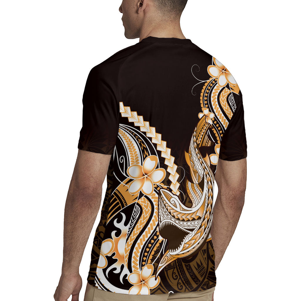 Orange Black Aloha Hawaii Rugby Jersey Polynesian Shark Tattoo Plumeria