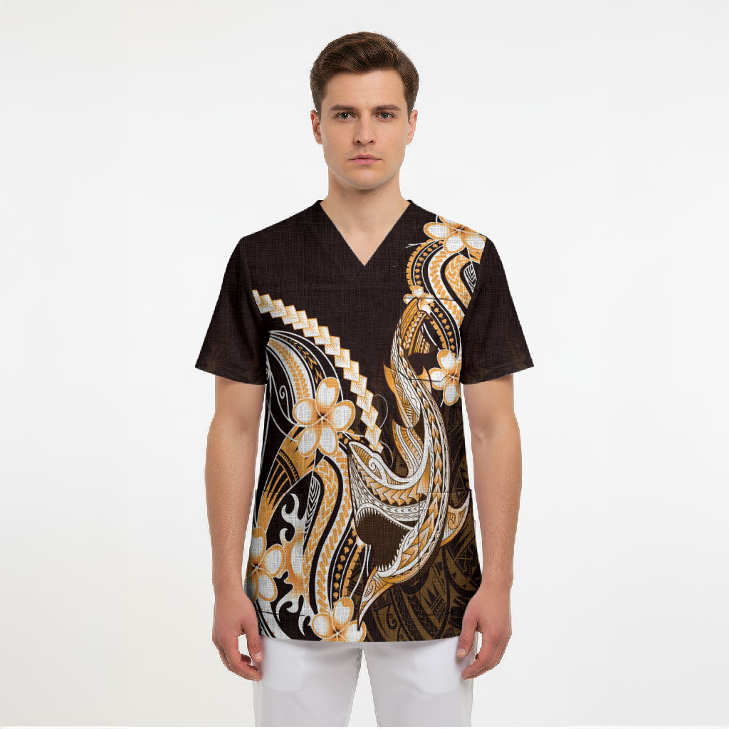 Orange Black Aloha Hawaii Scrub Top Polynesian Shark Tattoo Plumeria