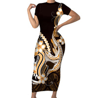 Orange Black Aloha Hawaii Short Sleeve Bodycon Dress Polynesian Shark Tattoo Plumeria