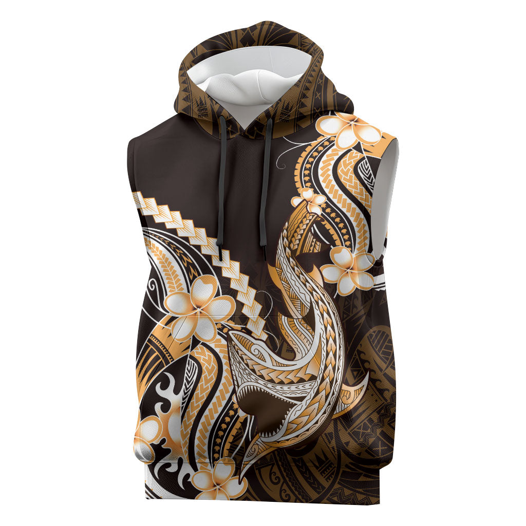 Orange Black Aloha Hawaii Sleeveless Hoodie Polynesian Shark Tattoo Plumeria