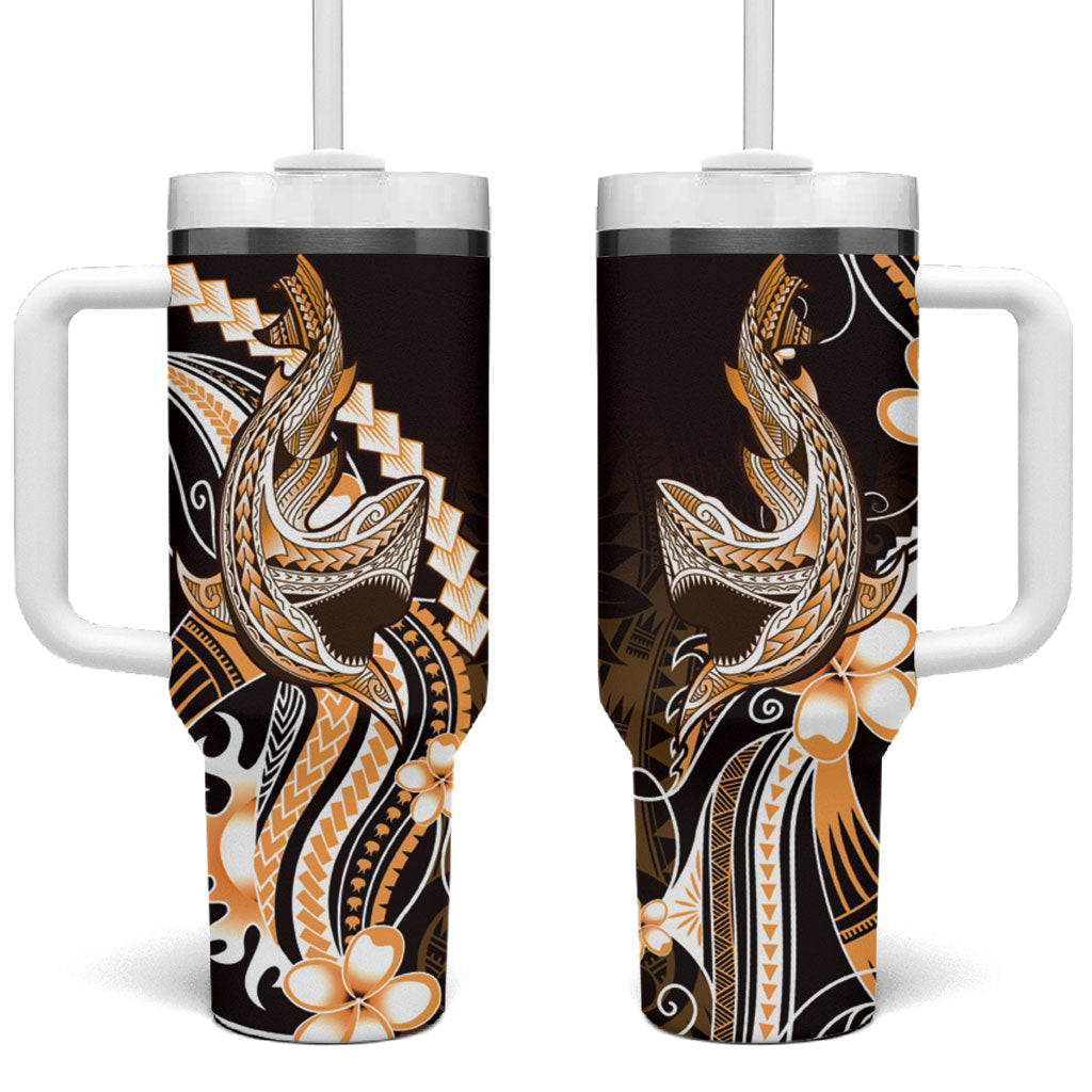 Orange Black Aloha Hawaii Tumbler With Handle Polynesian Shark Tattoo Plumeria