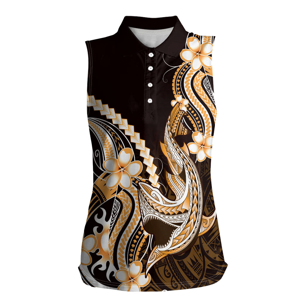 Orange Black Aloha Hawaii Women Sleeveless Polo Shirt Polynesian Shark Tattoo Plumeria