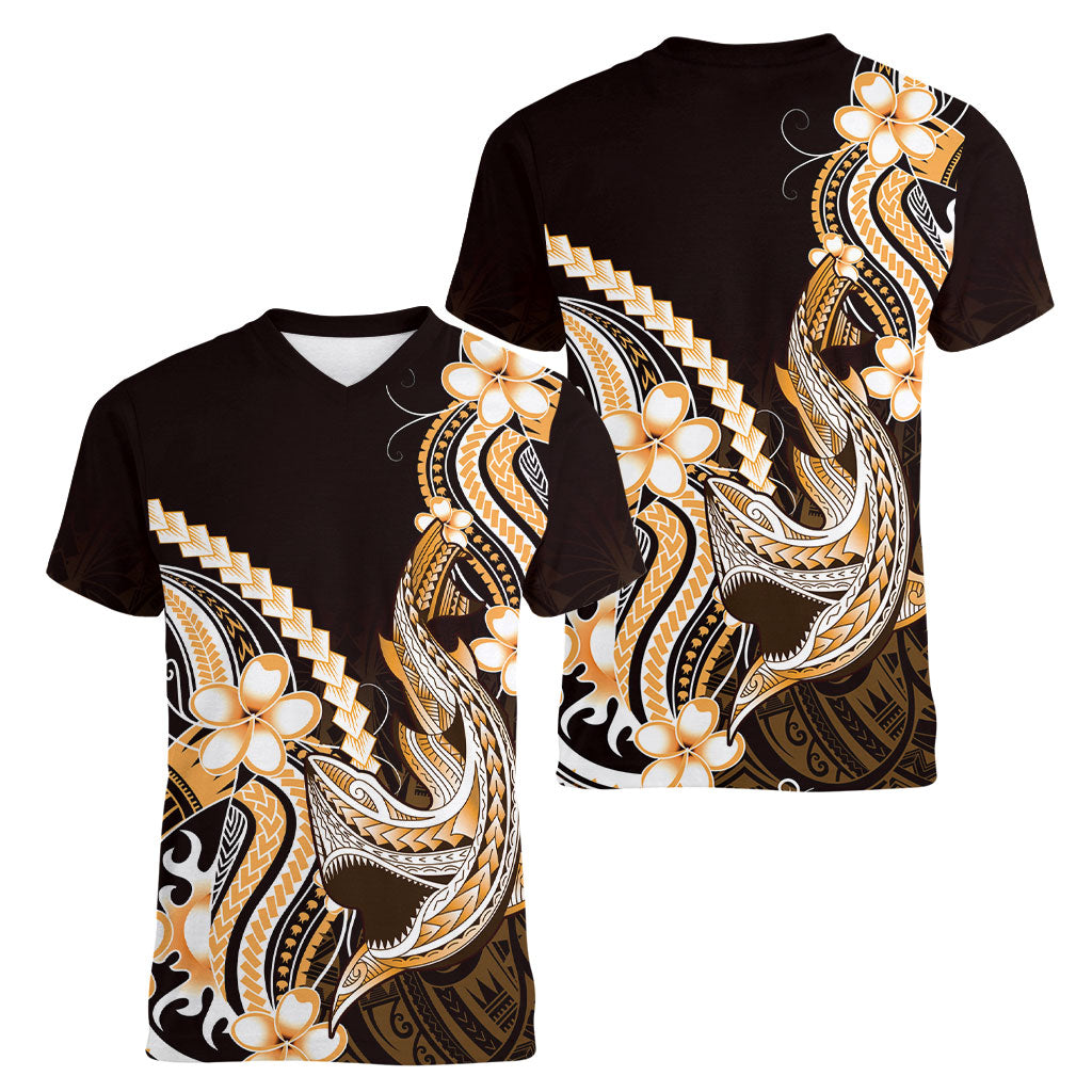 Orange Black Aloha Hawaii Women V-Neck T-Shirt Polynesian Shark Tattoo Plumeria