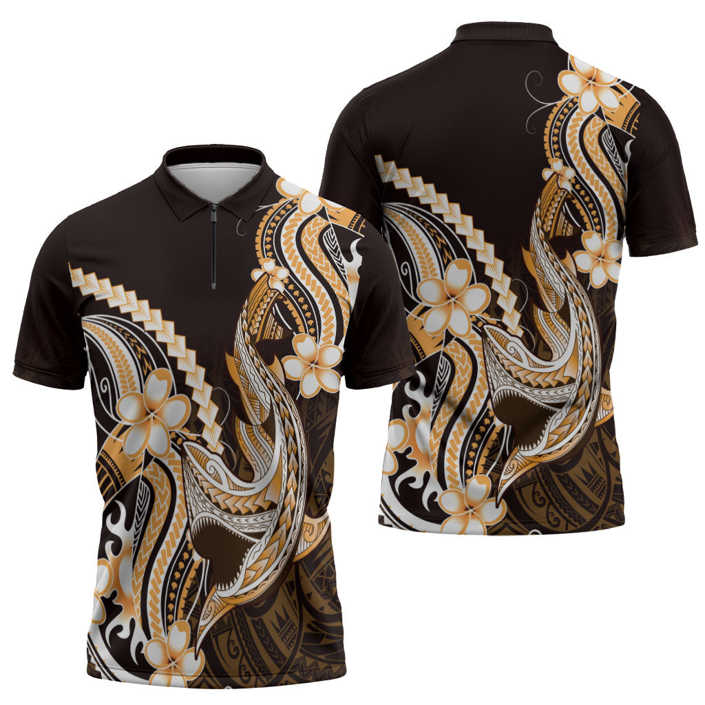 Orange Black Aloha Hawaii Zipper Polo Shirt Polynesian Shark Tattoo Plumeria