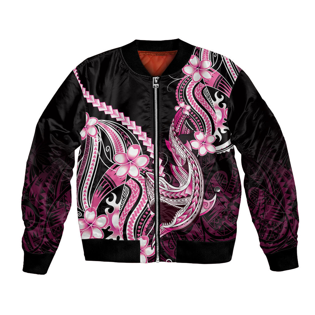 Pink Black Aloha Hawaii Bomber Jacket Polynesian Shark Tattoo Plumeria LT14 Unisex Pink - Polynesian Pride