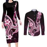 Pink Black Aloha Hawaii Couples Matching Long Sleeve Bodycon Dress and Long Sleeve Button Shirt Polynesian Shark Tattoo Plumeria