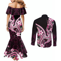 Pink Black Aloha Hawaii Couples Matching Mermaid Dress and Long Sleeve Button Shirt Polynesian Shark Tattoo Plumeria