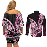 Pink Black Aloha Hawaii Couples Matching Off Shoulder Short Dress and Long Sleeve Button Shirt Polynesian Shark Tattoo Plumeria