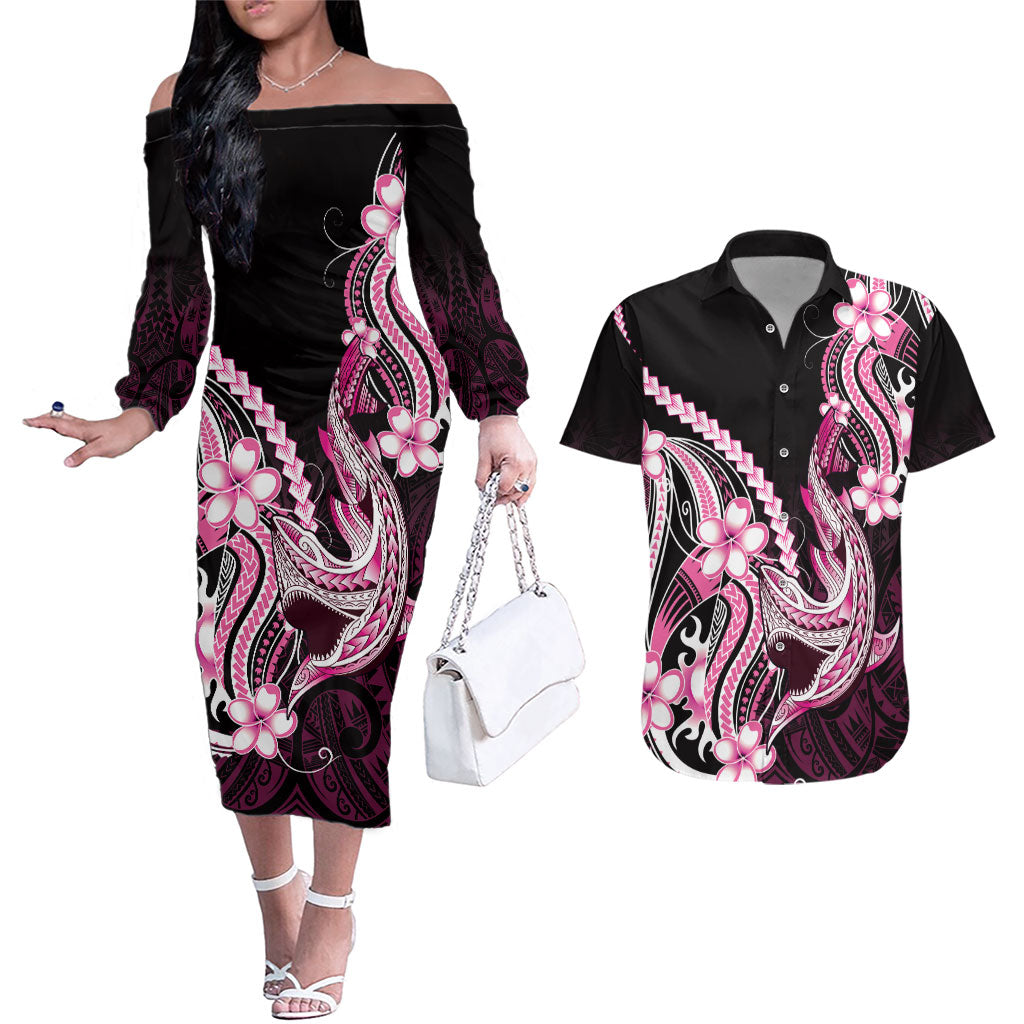 Pink Black Aloha Hawaii Couples Matching Off The Shoulder Long Sleeve Dress and Hawaiian Shirt Polynesian Shark Tattoo Plumeria LT14 Pink - Polynesian Pride