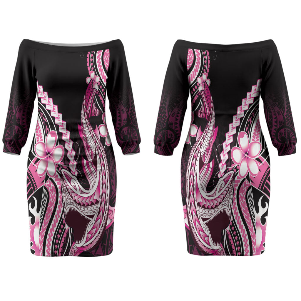 Pink Black Aloha Hawaii Couples Matching Off The Shoulder Long Sleeve Dress and Hawaiian Shirt Polynesian Shark Tattoo Plumeria LT14 - Polynesian Pride