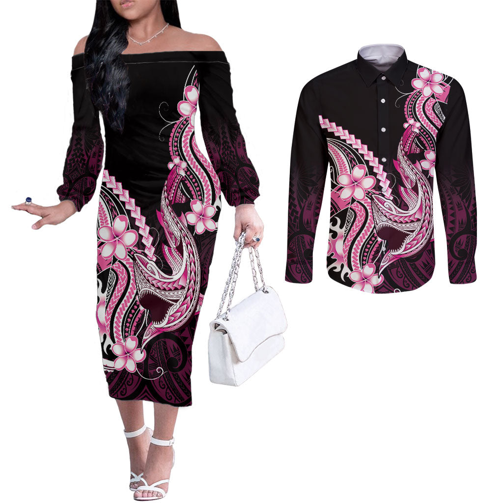 Pink Black Aloha Hawaii Couples Matching Off The Shoulder Long Sleeve Dress and Long Sleeve Button Shirt Polynesian Shark Tattoo Plumeria