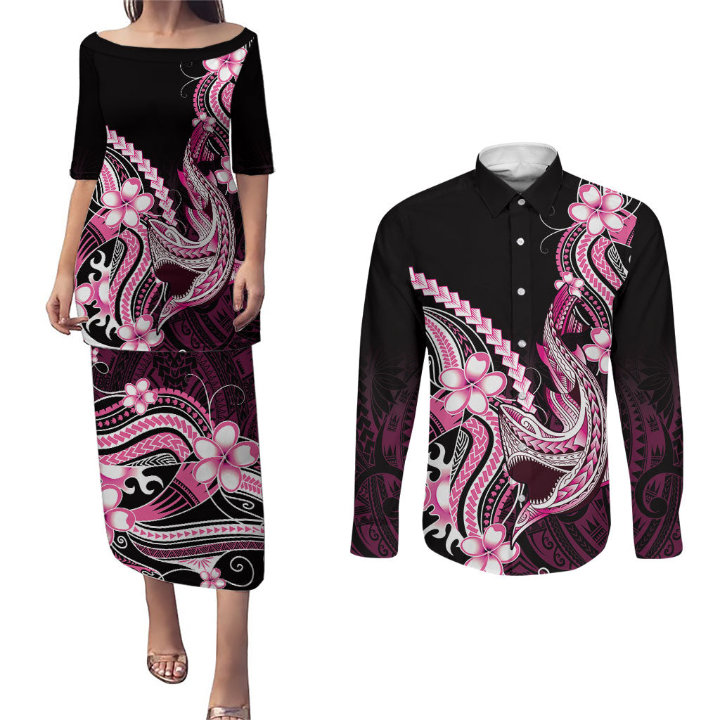 Pink Black Aloha Hawaii Couples Matching Puletasi and Long Sleeve Button Shirt Polynesian Shark Tattoo Plumeria LT14 Pink - Polynesian Pride