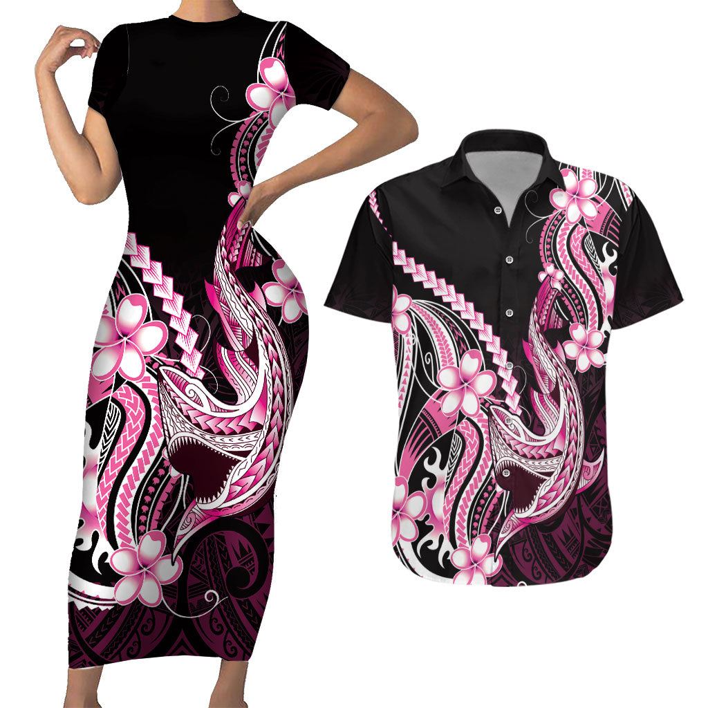 Pink Black Aloha Hawaii Couples Matching Short Sleeve Bodycon Dress and Hawaiian Shirt Polynesian Shark Tattoo Plumeria LT14 Pink - Polynesian Pride